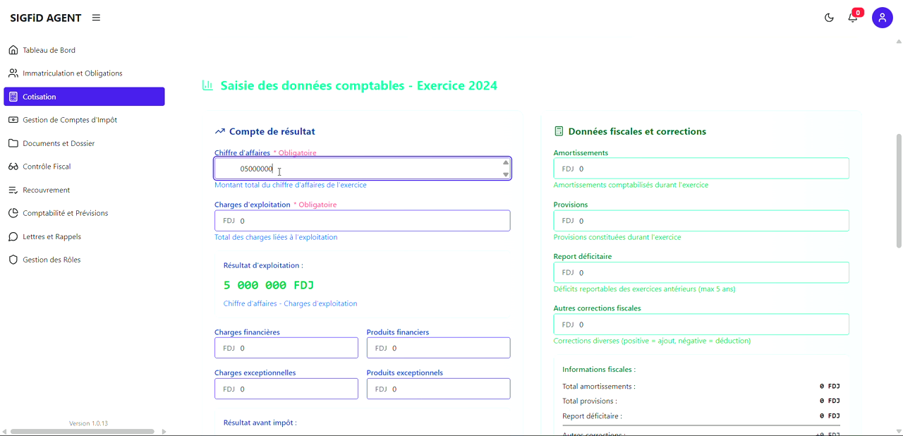 6 – Saisie Chiffre d’affaires