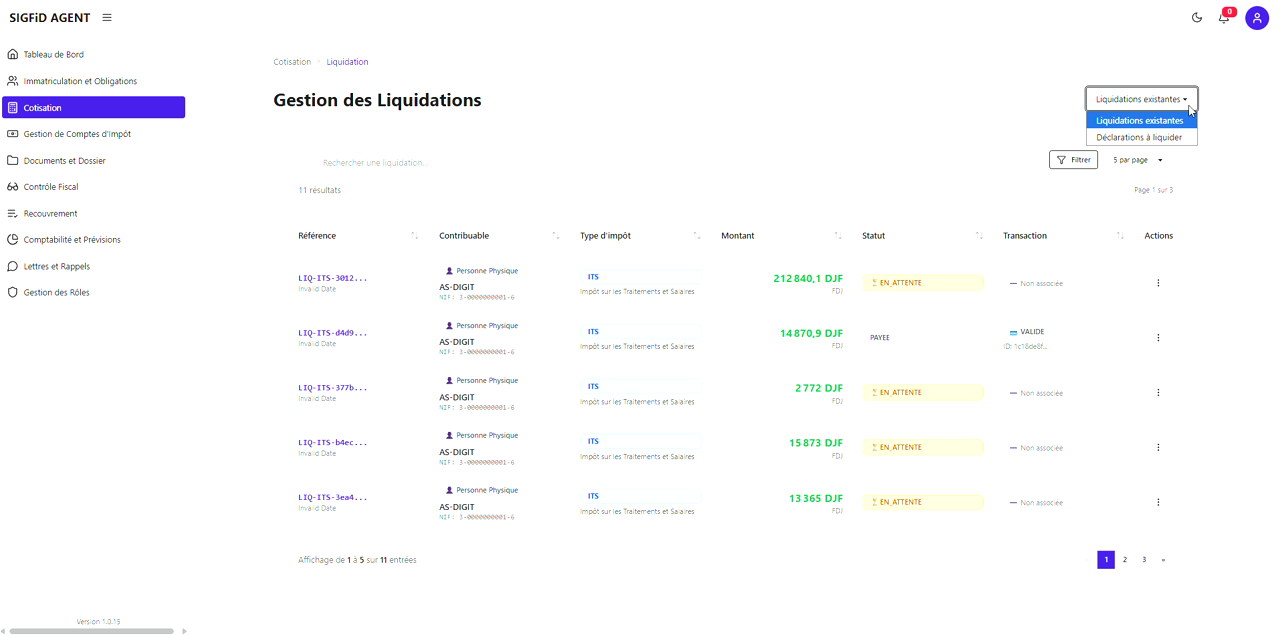 2 – Sélectionner “Liquidations existantes”