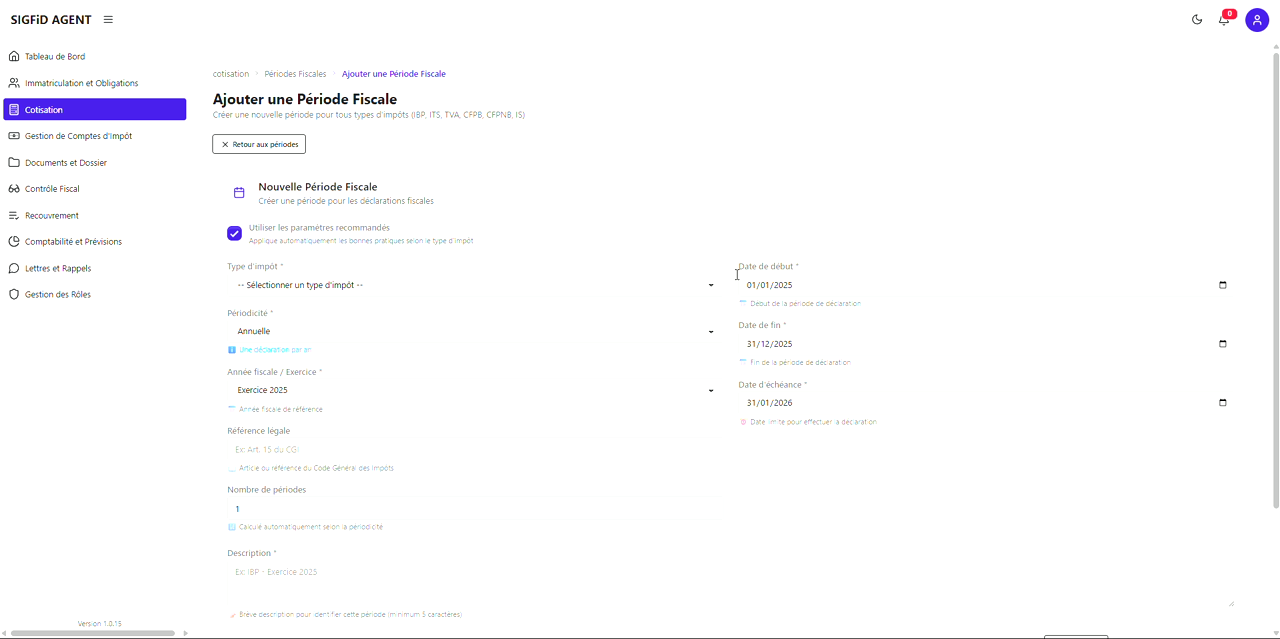1 – Formulaire initial avec paramètres recommandés