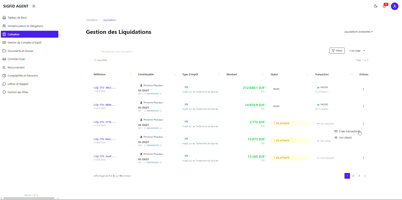 2 – Liste des liquidations avec statuts
