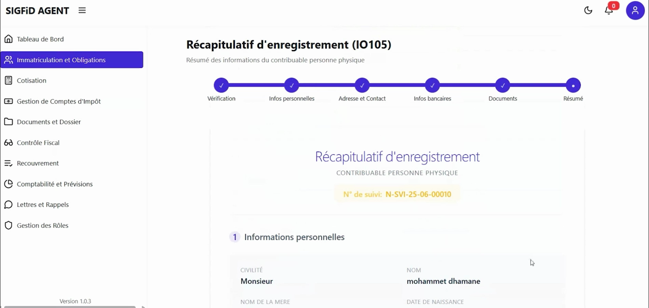 1 – Récapitulatif d'enregistrement