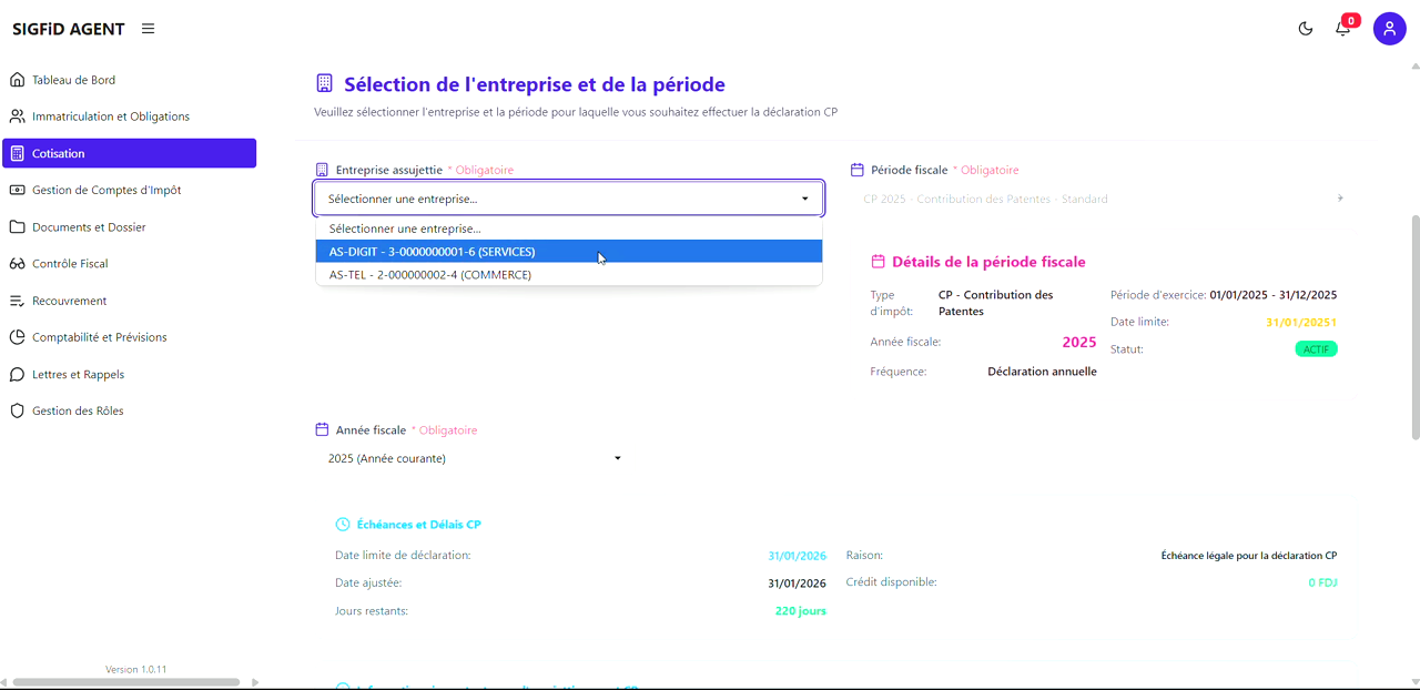 5 – Sélection entreprise et période