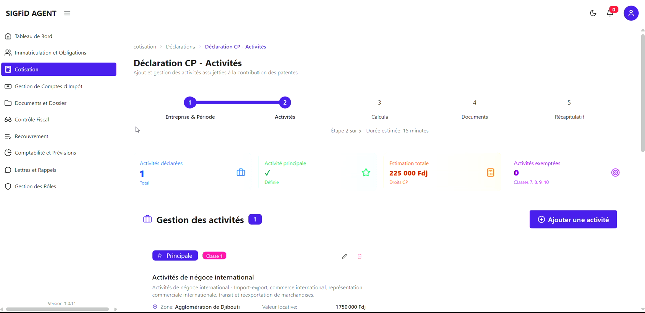 1 – Activités récapitulatif